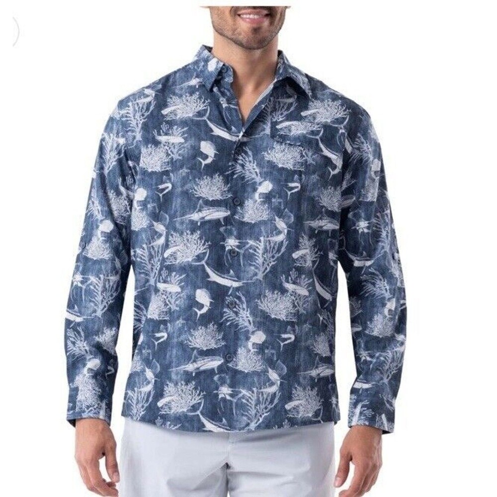Guy Harvey Men’s Fishing Button Down Shirt Blue Marine Print Size Small NWT
